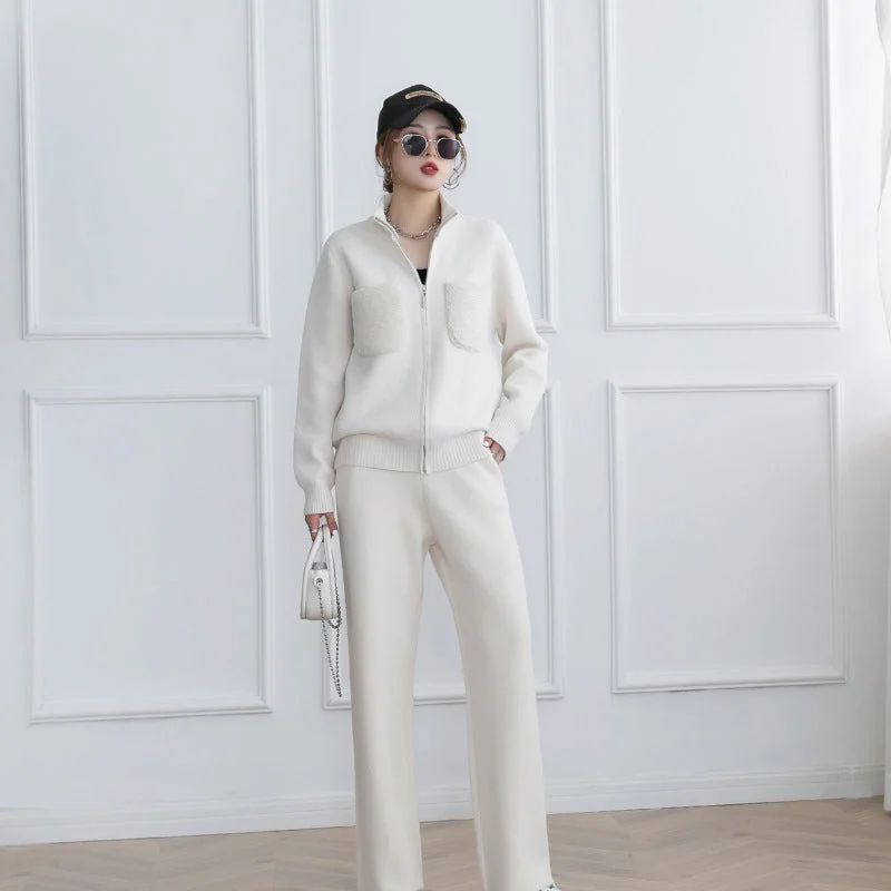 Autumn and winter new double-sided cashmere knitted suit Korean style design stand-up tie pocket cardigan wide-leg pants two-piece set