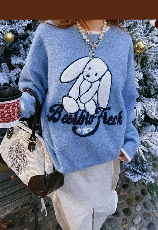 Beerbro Fresh Bunny Solid Embroidery Color Long Sleeve Sweater