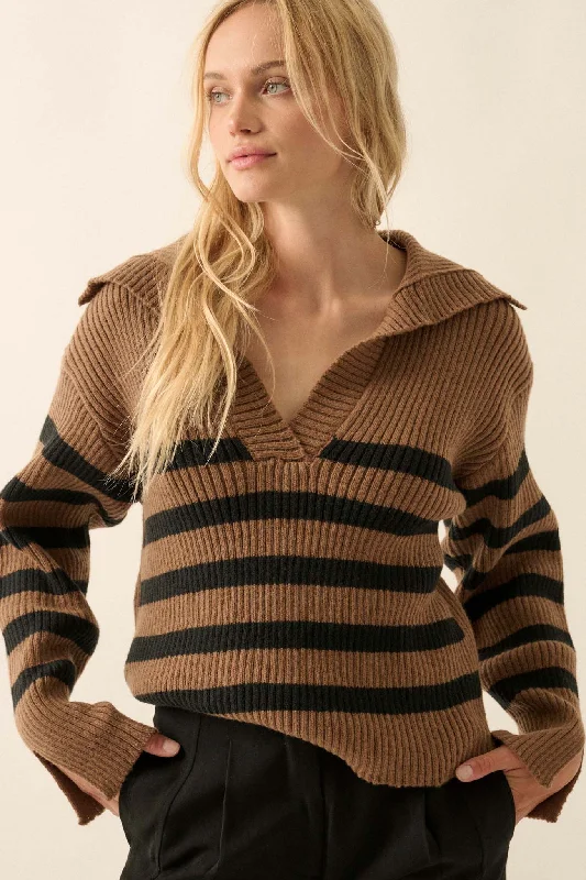 Breton Beach Striped Rib-Knit Collared Sweater