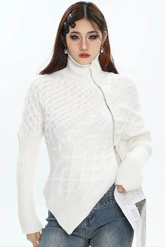 Hayden Solid Color Asymmetrical Zip Up Long Sleeve Knitted Sweater Top