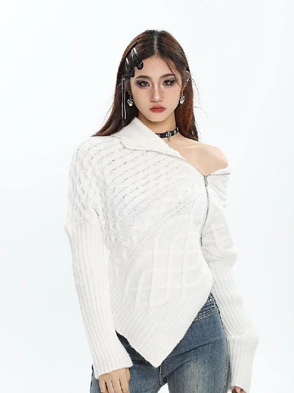 Hayden Solid Color Asymmetrical Zip Up Long Sleeve Knitted Sweater Top