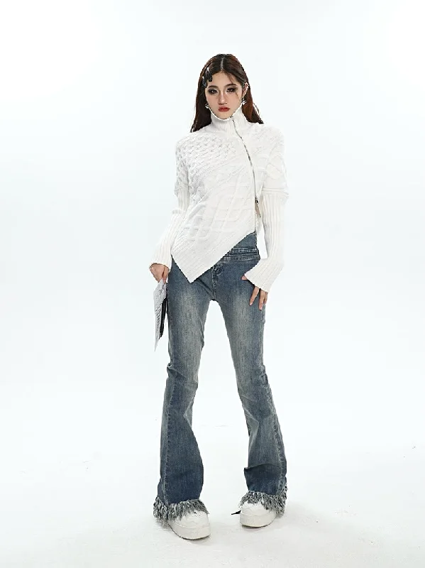 Hayden Solid Color Asymmetrical Zip Up Long Sleeve Knitted Sweater Top