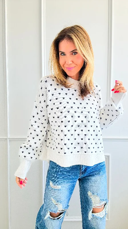 Heart Pattern Cropped Sweater - White