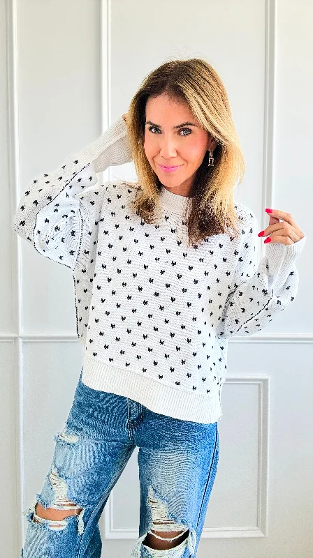 Heart Pattern Cropped Sweater - White