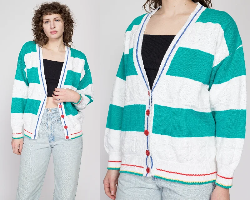 Large 80s Nautical Teal & White Striped Cardigan