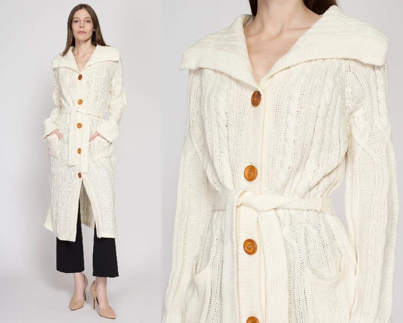 Large 70s White Cable Knit Long Belted Cardigan