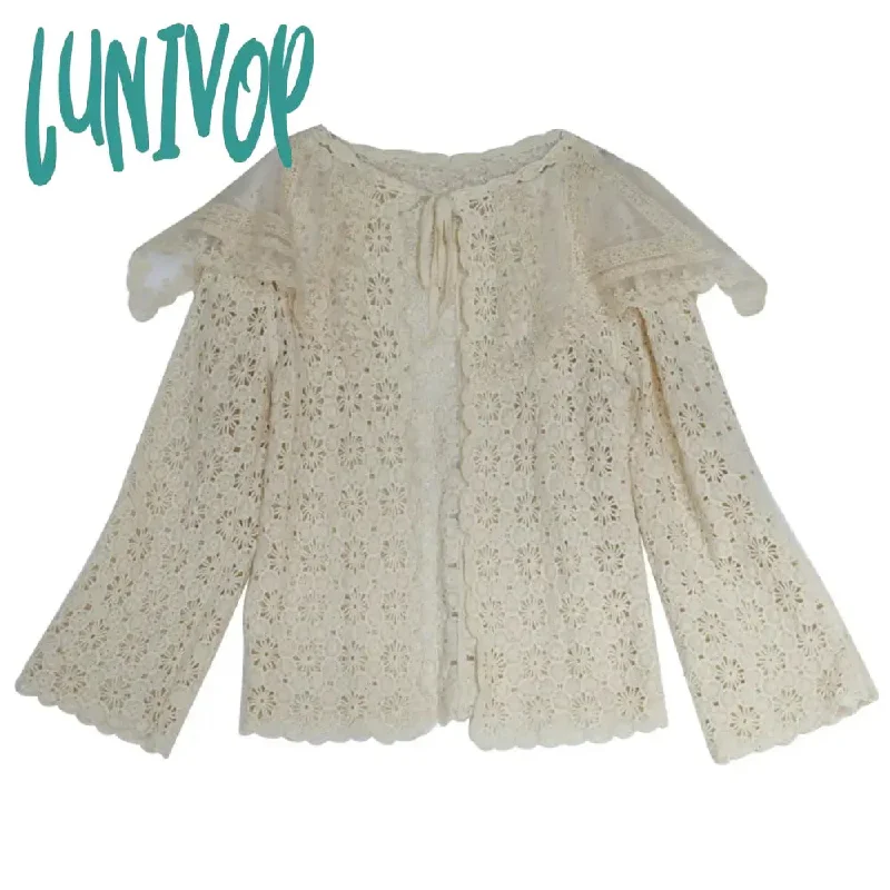 Lunivop Cardigans Women Spring Fall Summer Elegant Embroidered Lace Big Lapel French Crochet Loose Long Cardigan Sweaters