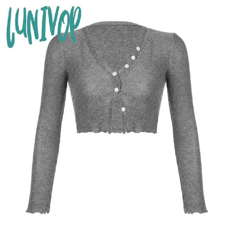 Lunivop Sweaters y2k Crop Top Women Solid Color V Neck Single Breasted Long Sleeve Knitted Clothes Grunge Cardigan Women Streetwear