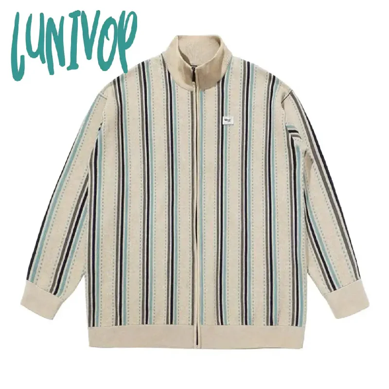 Lunivop Vintage Zipper Striped Cardigan Women Harajuku Fashion Oversized Knitted Sweater Y2k Knitwears Long Sleeve Tops Female