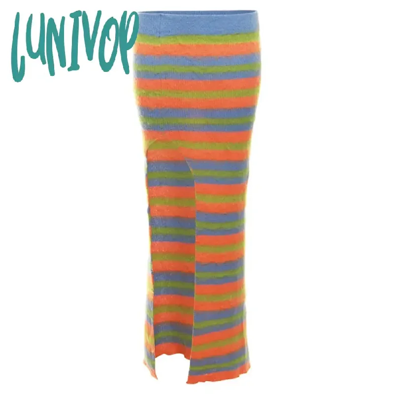 Lunivop Women's Rainbow Striped Knitted Cardigan, Long Sleeve Sweater, Oversized Short Sweater, Mixed Color, Zipper, Y2K, Autum