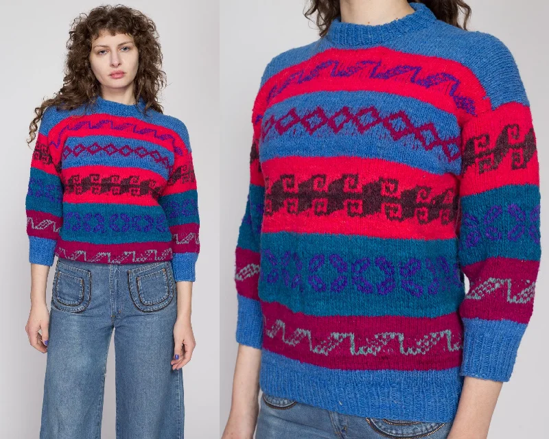 Petite Medium 70s Blue & Red Striped Lambswool Knit Sweater