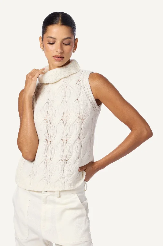 SAIGEY CASHMERE CABLE KNIT SLEEVELESS TURTLNECK  | ADOBE ROSE