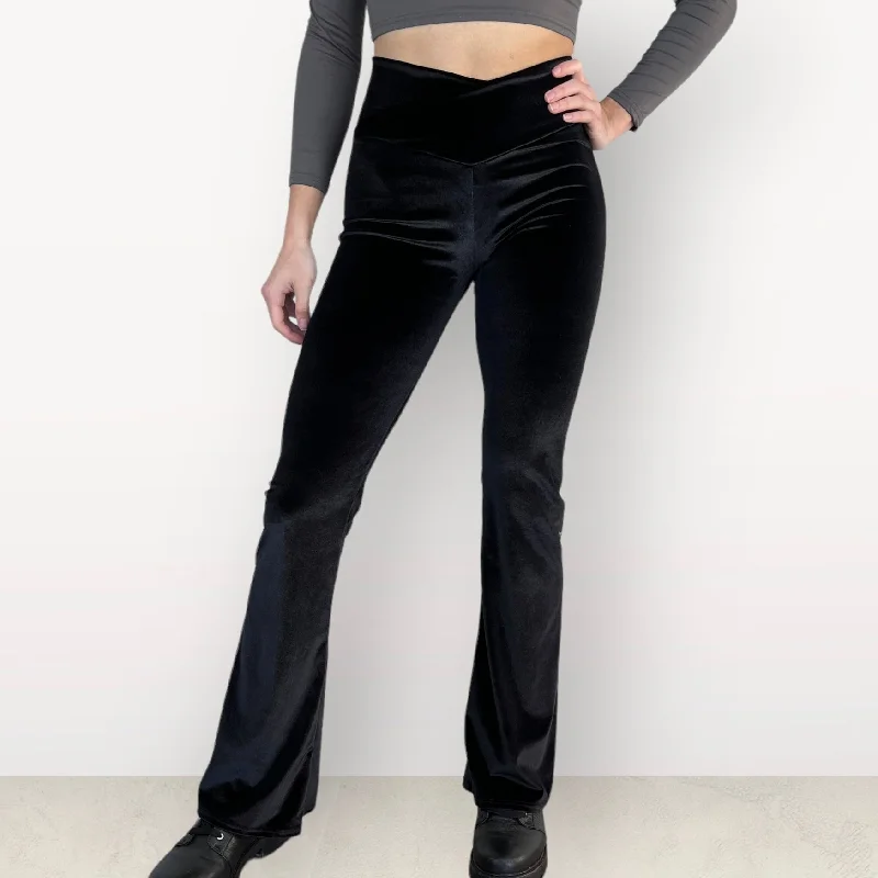 Crossover V-Waist Bootcut Flare Pants - Black Velvet