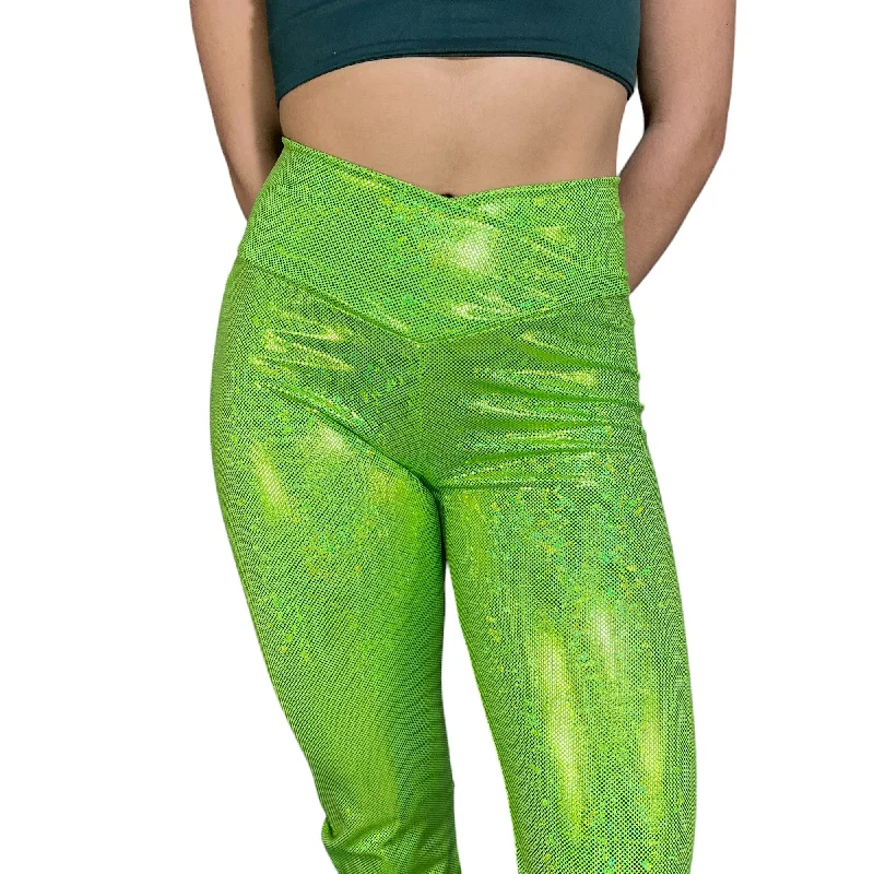 Crossover V-Waist Bootcut Flare Pants - Lime Shattered Glass Holographic