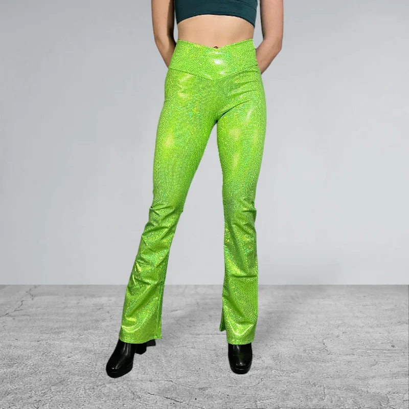 Crossover V-Waist Bootcut Flare Pants - Lime Shattered Glass Holographic