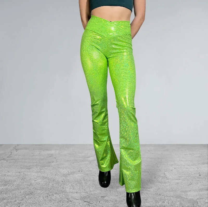 Crossover V-Waist Bootcut Flare Pants - Lime Shattered Glass Holographic