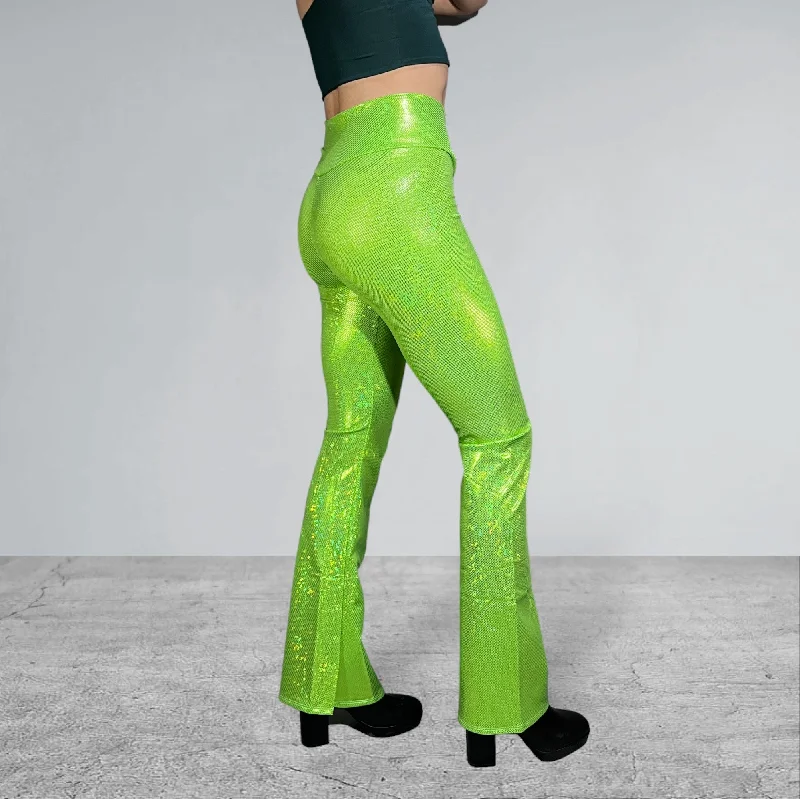 Crossover V-Waist Bootcut Flare Pants - Lime Shattered Glass Holographic