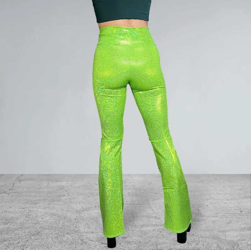 Crossover V-Waist Bootcut Flare Pants - Lime Shattered Glass Holographic