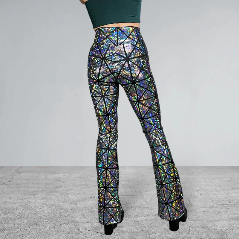 Crossover V-Waist Bootcut Flare Pants - Silver Glass Pane Holographic