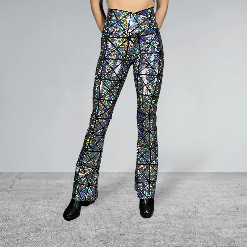 Crossover V-Waist Bootcut Flare Pants - Silver Glass Pane Holographic