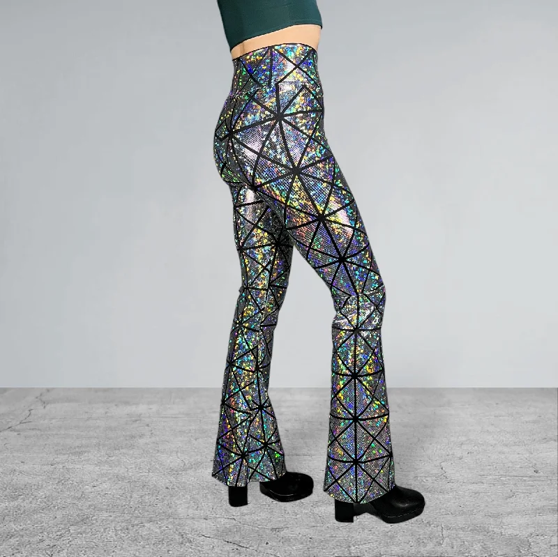 Crossover V-Waist Bootcut Flare Pants - Silver Glass Pane Holographic