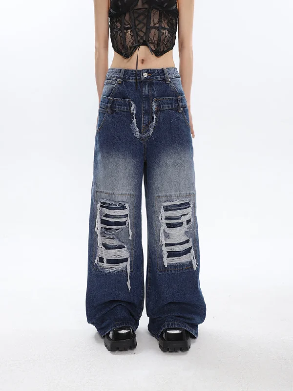 Jade Patchwork Washed Faded High Waist Ripped Straight Leg Denim Jeans Pants