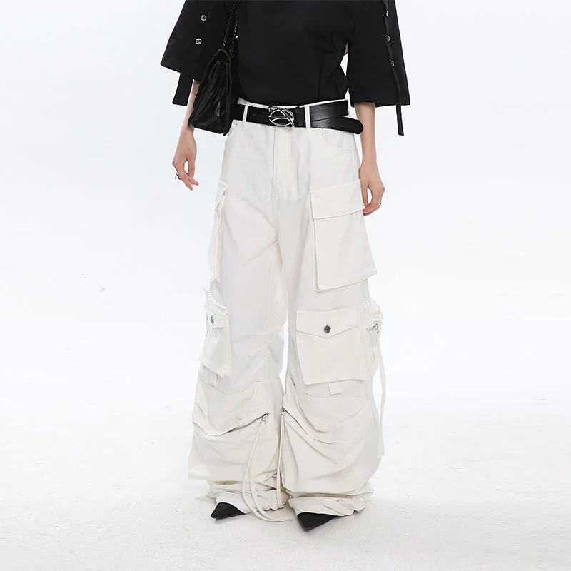 Leny Solid Color High Waist Multi-Pocket Straight-Leg Wide-Leg Cargo Pants