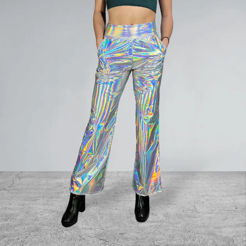 Opal Iridescent Holographic Wide Straight Leg Relaxed Fit Pants