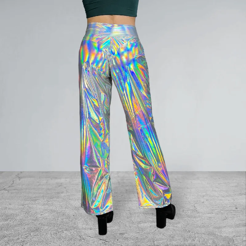 Opal Iridescent Holographic Wide Straight Leg Relaxed Fit Pants