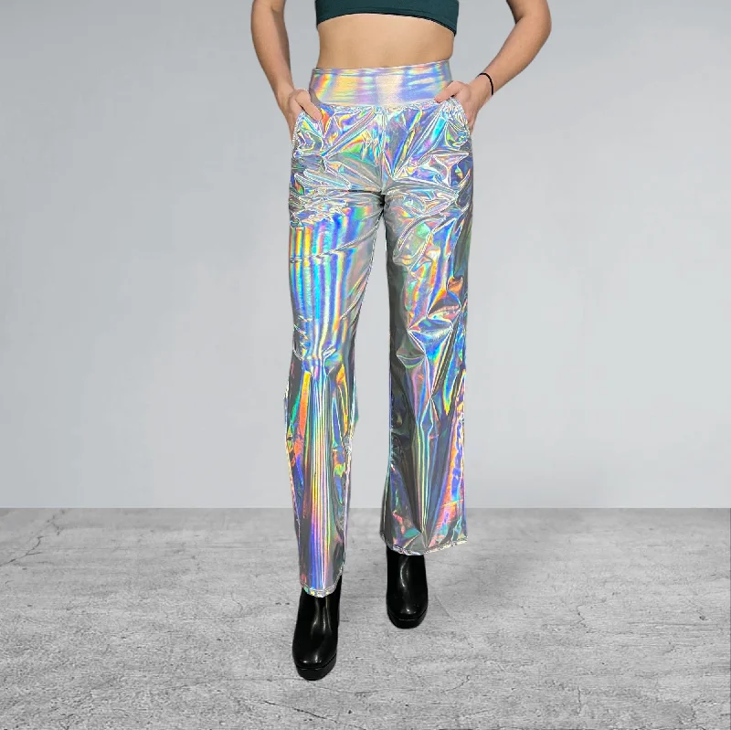 Opal Iridescent Holographic Wide Straight Leg Relaxed Fit Pants