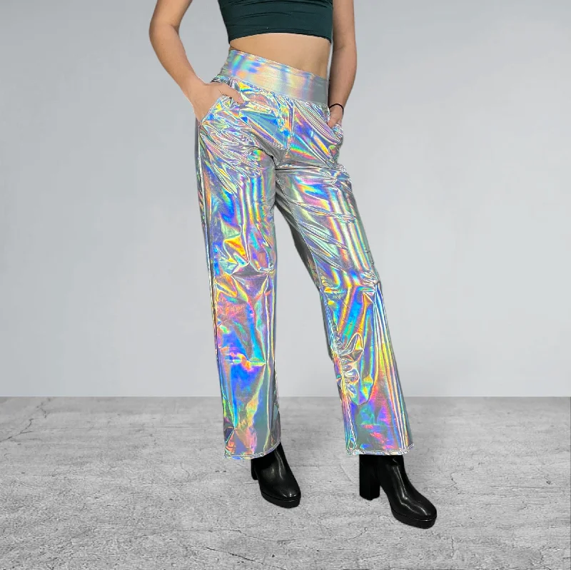 Opal Iridescent Holographic Wide Straight Leg Relaxed Fit Pants