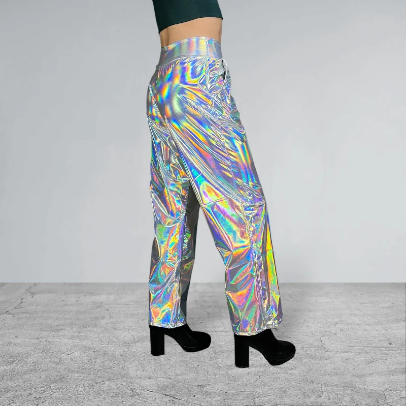 Opal Iridescent Holographic Wide Straight Leg Relaxed Fit Pants