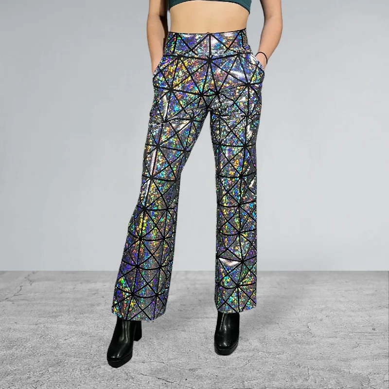 Silver on Black Glass Pane Holographic Wide Straight Leg Relaxed Fit Pants