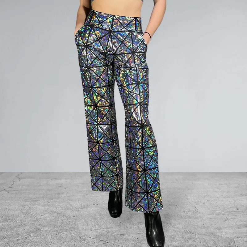 Silver on Black Glass Pane Holographic Wide Straight Leg Relaxed Fit Pants