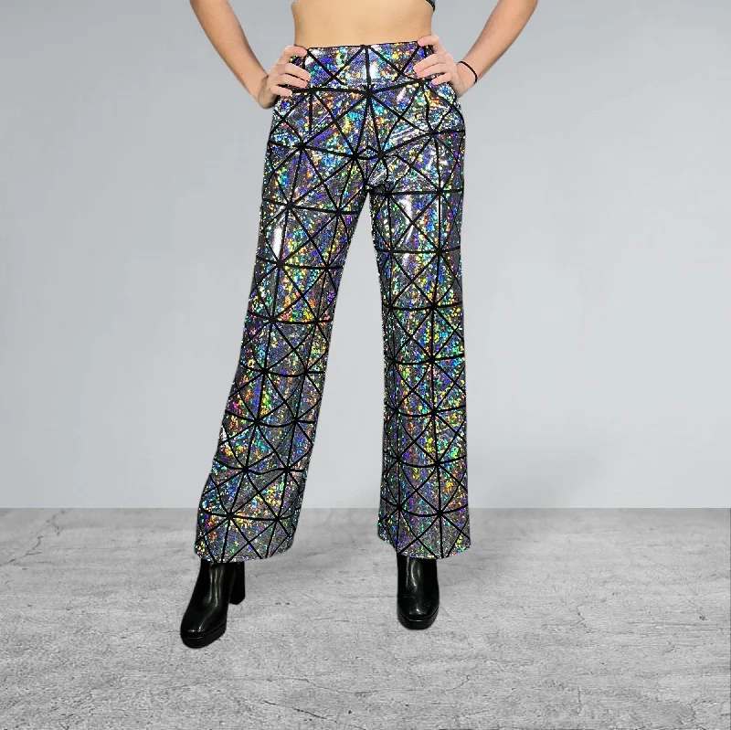 Silver on Black Glass Pane Holographic Wide Straight Leg Relaxed Fit Pants