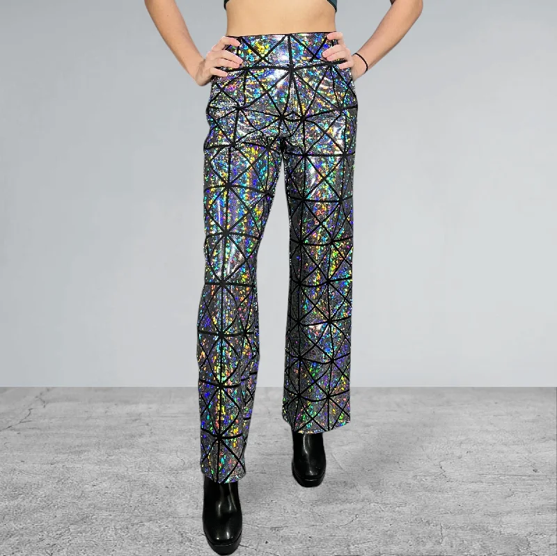 Silver on Black Glass Pane Holographic Wide Straight Leg Relaxed Fit Pants