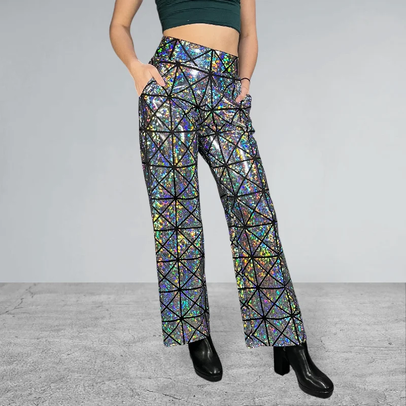 Silver on Black Glass Pane Holographic Wide Straight Leg Relaxed Fit Pants