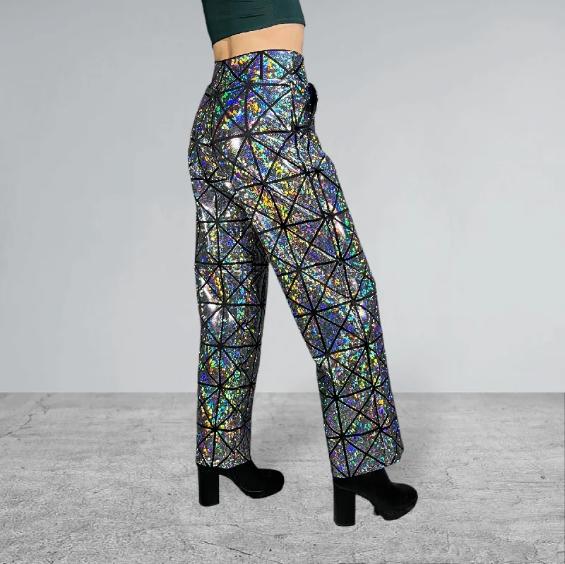 Silver on Black Glass Pane Holographic Wide Straight Leg Relaxed Fit Pants