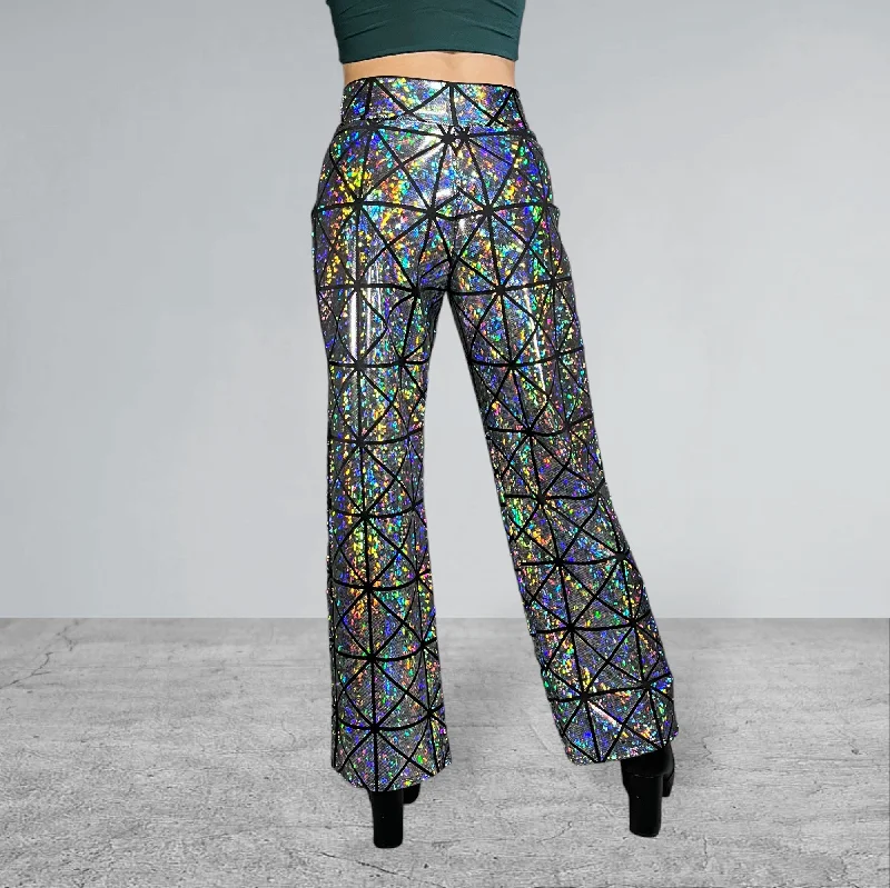 Silver on Black Glass Pane Holographic Wide Straight Leg Relaxed Fit Pants