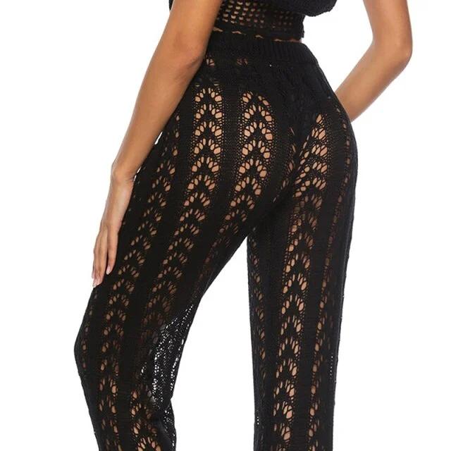 Crochet Summer Beach Pants Long Lace Transparent Cover-up for Women