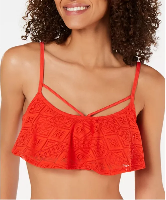 Hula Honey Women's Scoop Neck Crochet Flounce Bikini Top, Red, XS