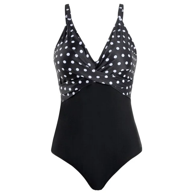 Plus Size Women's Push Up Bra Halter Patchwork Onepiece Swimming Suit