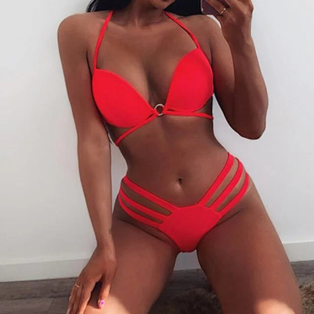 Sexy Brazilian Bandage Style Push Up Cut Out Halter Swimwear Bikini Set