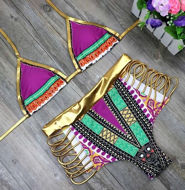 Sexy Gold Geometric African Print Two-Pieces Bikini Set Bath Suits