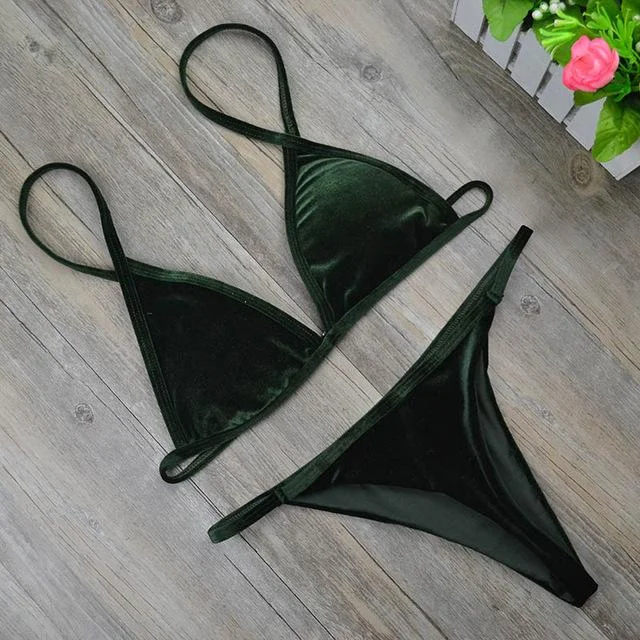 Women's Dark Green Orange Gold Velvet Thong Bikinis Sets Swimwear