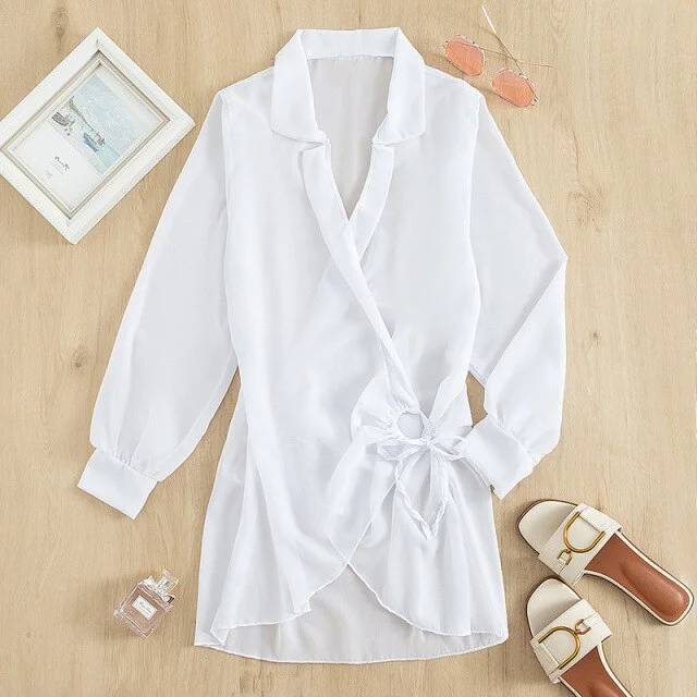 Women's Summer Fashion Transparent Beach Shirt Cover-up with Long Sleeves