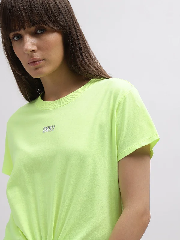 Dkny Women Green Solid Round Neck Short Sleeves T-Shirt