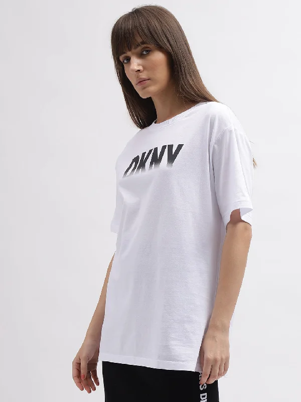 Dkny Women White Printed Round Neck Short Sleeves T-Shirt