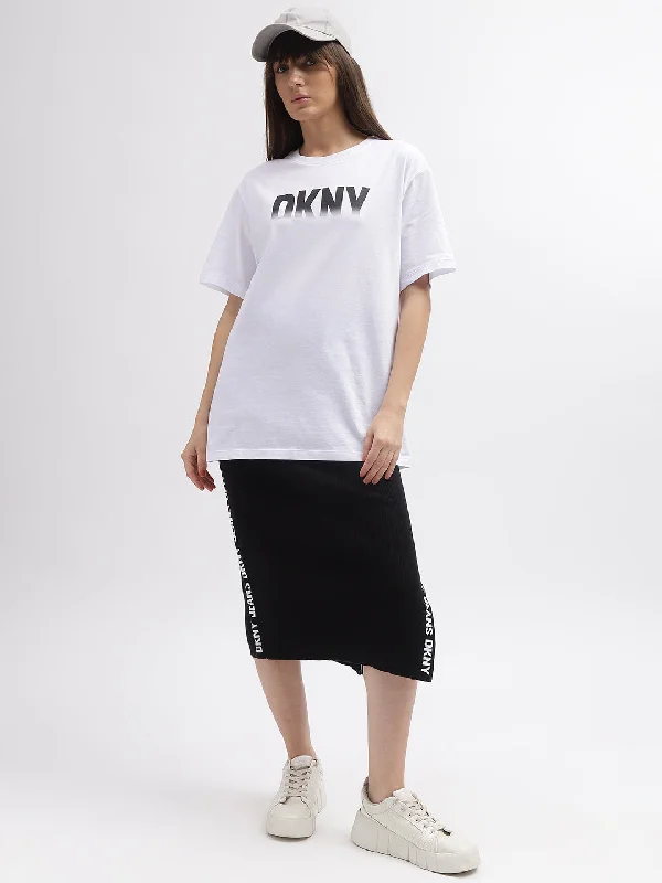 Dkny Women White Printed Round Neck Short Sleeves T-Shirt