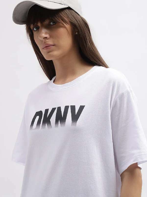 Dkny Women White Printed Round Neck Short Sleeves T-Shirt